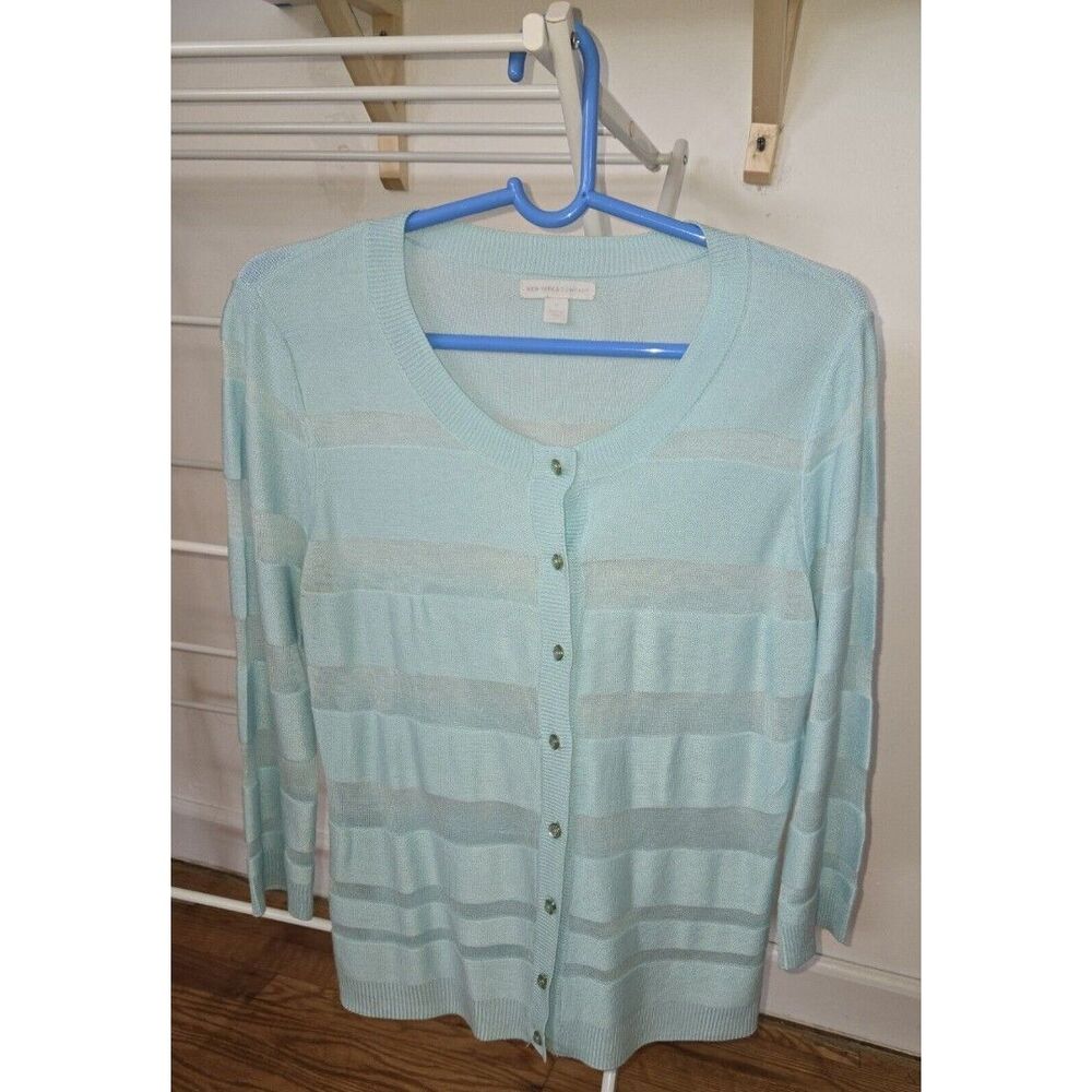 New York & Company Turquoise Cardigan Three Quarter Sleeve, Size Medium